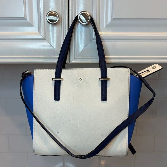 Kate Spade Purse Handbag Leather Crossbody Color Block Blue Satchel Tote Bag - Picture 1 of 16